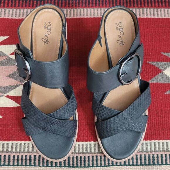 EuroSoft By Sofft Cyleigh Black Faux Leather Heeled‎ Sandals Sz 10 Comfortable - Picture 2 of 7